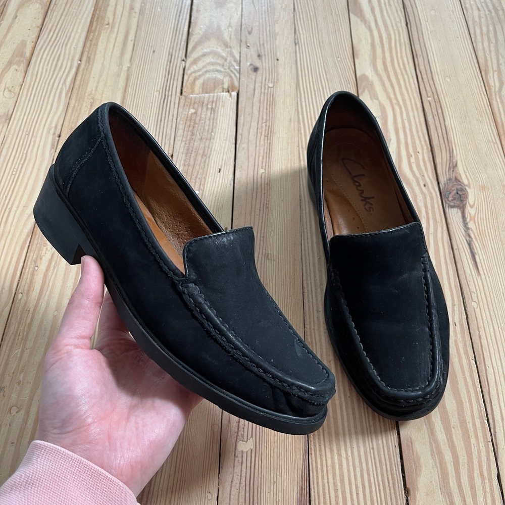 Clarks Womens Black Nubuck Leather Moc‎ Toe Loafers Block Heel preppy Size 6
